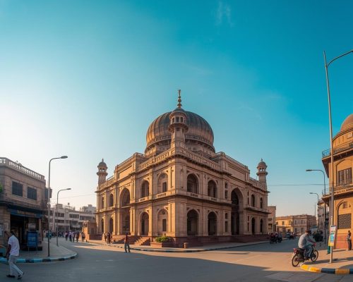 A wide-angle scenic view of Vijayapura city, Karnataka, featuring Gol Gumbaz in the background, historic Islamic architecture, clear blue sky, warm sunlight, calm streets, cultural heritage a